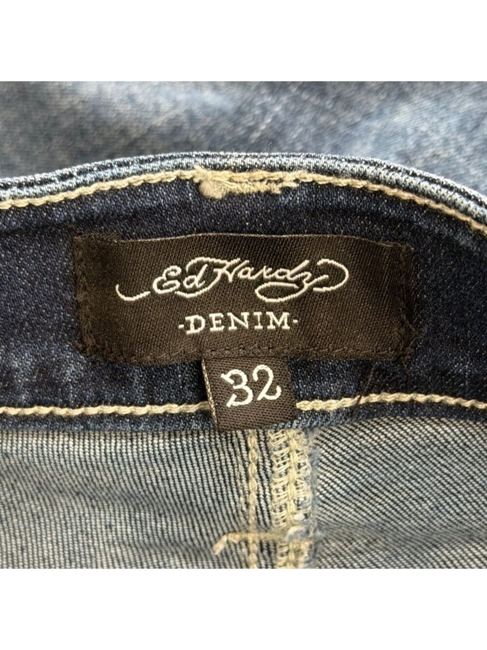 Ed Hardy Mens 32x32 Jeans Eagle Snake Slim Straight Denim Embroidered Y2K Blue - Picture 3 of 8